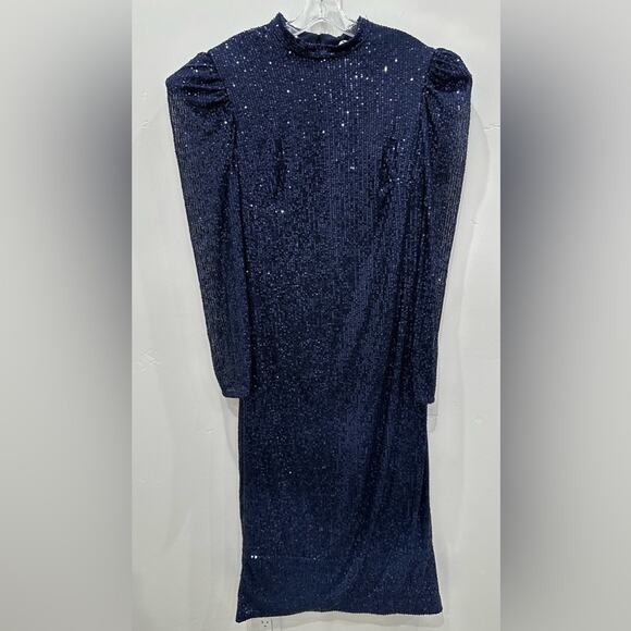 NWT Leena Mac Duggal 42020 High Neckline Long Sleeve Sequin Midi Dress. - Picture 2 of 9